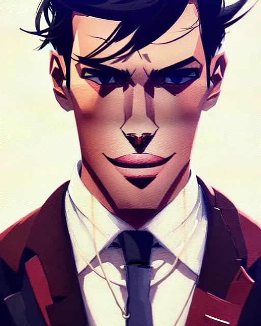 Image similar to a ultradetailed portrait painting of a stylish man wearing suit outfit, by conrad roset, greg rutkowski and makoto shinkai trending on artstation