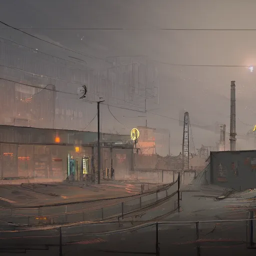 Image similar to An industrial, gloomy city, in the style of Disco Elysium concept art