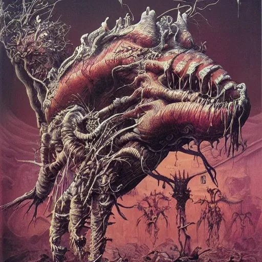 Prompt: madness creature, fluid, smooth, organic, crazy, bright, colours, tumours, high contrast, sharpness, dramatic, very detailed, intricate, by giger and corben and moebius and beksinski and bosch and bacon