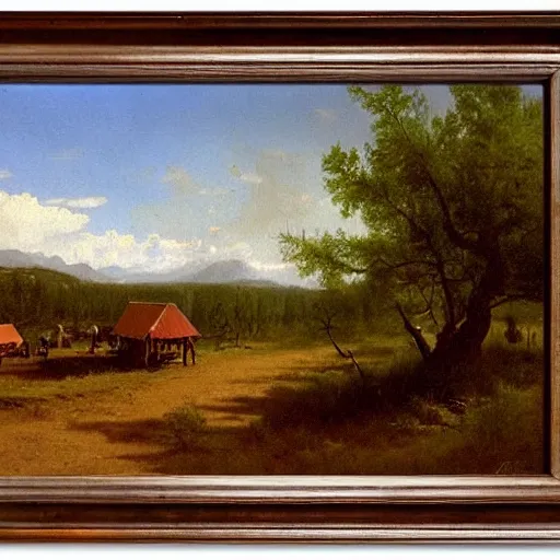 Image similar to A painting of a small camp on the side of a dirt road, painting by Albert Bierstadt