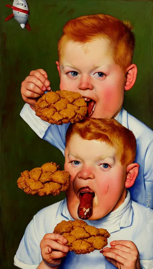 Image similar to painting of a ginger hair chubby boy eating a delicious cholocate chunks cookies, buzz cut, america, norman rockwell