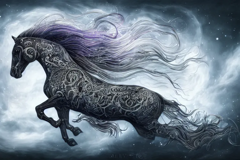 Image similar to a wlop 3 d render of very very very very highly detailed beautiful mystic portrait of a phantom undead horse with whirling galaxy around, tattoos by anton pieck, intricate, extremely detailed, digital painting, artstation, concept art, smooth, sharp focus, illustration, intimidating lighting, incredible art,