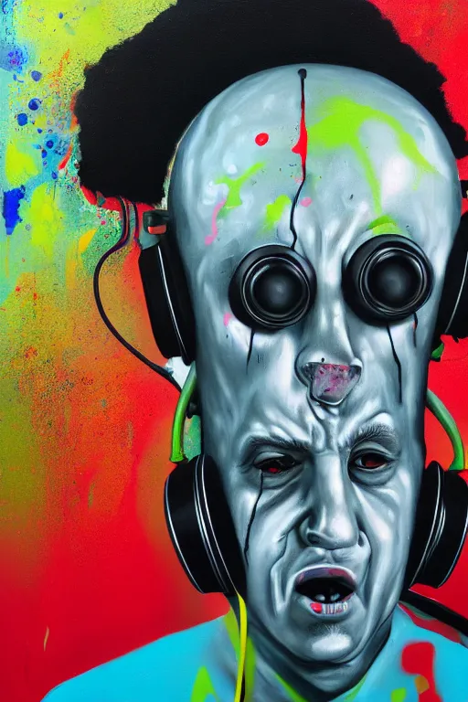 Image similar to hyperrealism surrealism acrylic painting, aerosol splashes on paper, close - up portrait of bowling ball - man with big headphones and a mime sweater art by jeff soto