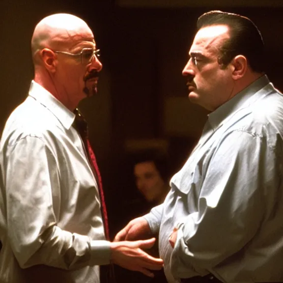 Image similar to Still of Walter White in The Sopranos at the Bada Bing talking with Tony Soprano, dark lighting