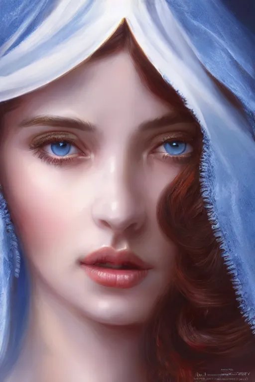 Image similar to ameera al taweel, bright blue eyes, long wavy black hair, white veil, front closeup, cinnamon #b57e59 skin color, elegant, highly detailed, centered, oil painting, artstation, concept art by tom bagshaw