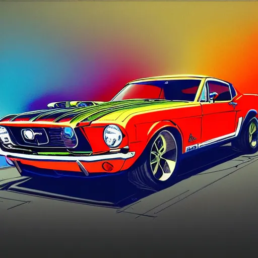 Prompt: a detailed render of a neon colored batmobile in a 1 9 6 7 ford mustang fastback, vector art, art by john collier and albert aublet and krenz cushart and artem demura and alphonse mucha, cosmic, heavenly, god rays, intricate detail, cinematic, 8 k, cel shaded, unreal engine, featured on artstation, pixiv