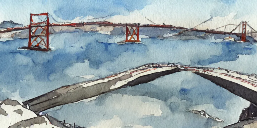 Prompt: collapsed san francisco bridge, watercolor