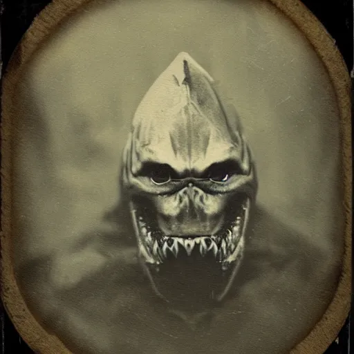 Image similar to demonic shark as human, portrait, tintype, creepy, real.