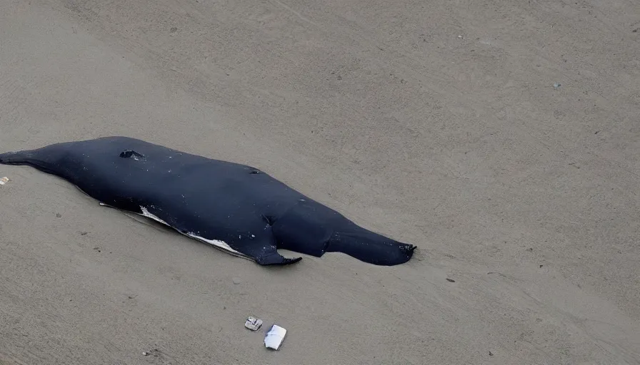 Prompt: astronaut suit in the shape of a whale, washed up on the beach. cnn news footage taken from above.