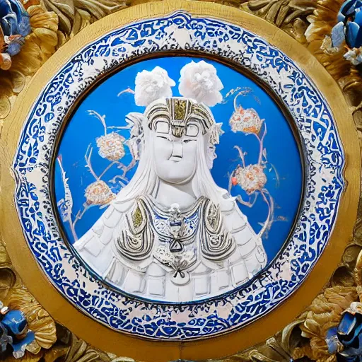 Prompt: Ancient warrior holding Clear white textured shield with artistically executed decorations of peonies, foliated scrolls, dragons and medallions in white reserve on an opaque mazarine blue ground. Capped with metal