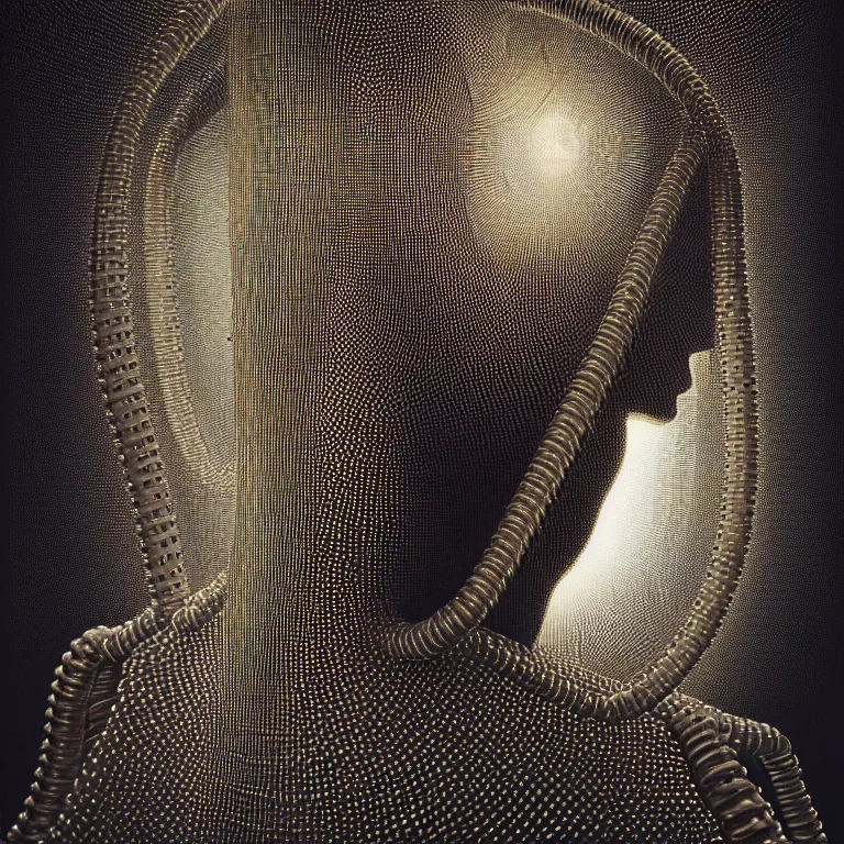 Image similar to symmetrical portrait painting of ribbed man covered with metallic ribbed spinal tubes by hieronymus bosch, lucid dream - like heavy atmosphere, baroque painting, perfect composition, detailed octane render trending on artstation, 8 k artistic photography, volumetric cinematic perfect light, chiaroscuro, masterpiece, raphael, caravaggio, beksinski, rutkowski, beeple