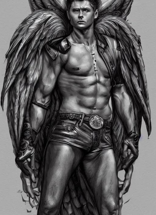 Image similar to Portrait of Dean Winchester as an angel warrior , intricate body, whole body, highly detailed, digital painting, artstation, concept art, smooth, sharp focus, illustration, art by Hajime Sorayama