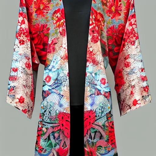 Prompt: floral crimson kimono, highly detailed, hyper intricate