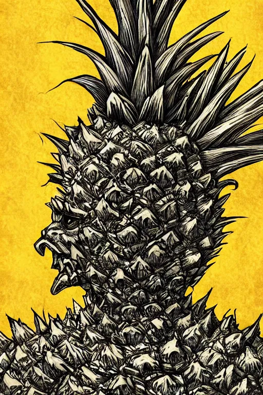 Image similar to pineapple humanoid figure monster wearing pineapple themed armour, symmetrical, highly detailed, digital art, sharp focus, trending on art station, kentaro miura manga art style