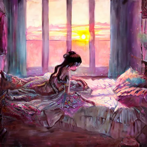 Prompt: beautiful young girl in intricate clothing by ross tran, sleeping in a messy bedroom designed by joanna gaines, at sunset, painted by sana takeda, reflections, very high intricate details, painting by liu xiaodong, digital anime art, medium shot, mid - shot, composition by ilya kuvshinov, lighting by greg rutkowski