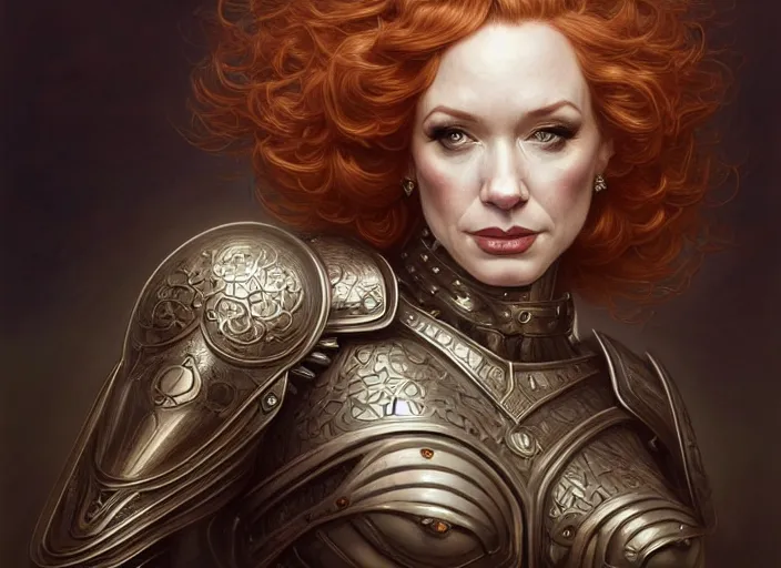 Image similar to wideangle!! portrait shot of christina hendricks wearing mideval armor, intricate, elegant, highly detailed, centered, digital painting, artstation, concept art, smooth, sharp focus, illustration, artgerm, tomasz alen kopera, peter mohrbacher, donato giancola, joseph christian leyendecker, wlop, boris vallejo