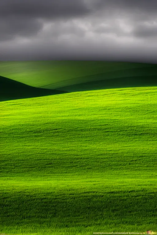 Image similar to windows xp hills screensaver with a graveyard in front, gloomy