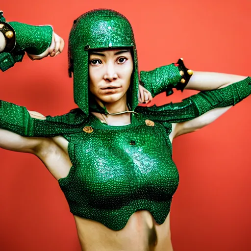 Prompt: photo of a real-life beautiful female warrior with emerald encrusted armour