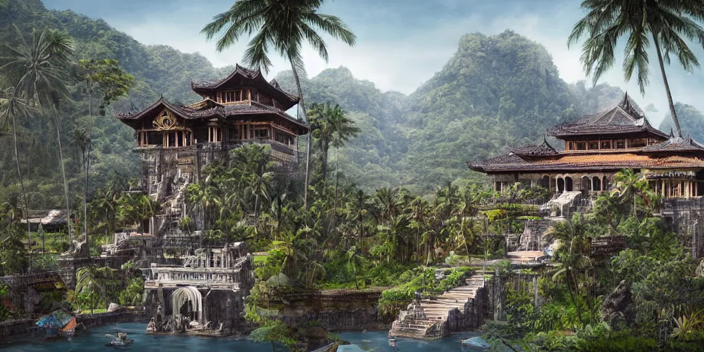 Image similar to Sprawling imposing grand royal Filipino palace with a grand staircase leading up the palace, 6 storeys, native Filipino architecture, located atop a rice field in a valley, beside a great chasm, digital painting, concept art by Shaddy Safadi