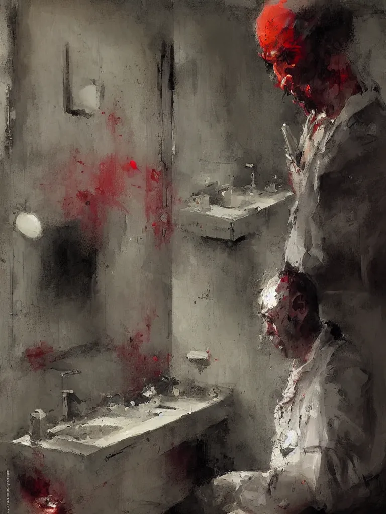 Image similar to a beautiful picture by alpay efe and christian hook of a man looking at his phone in a bathroom, color bleeding, brushstrokes by jeremy mann