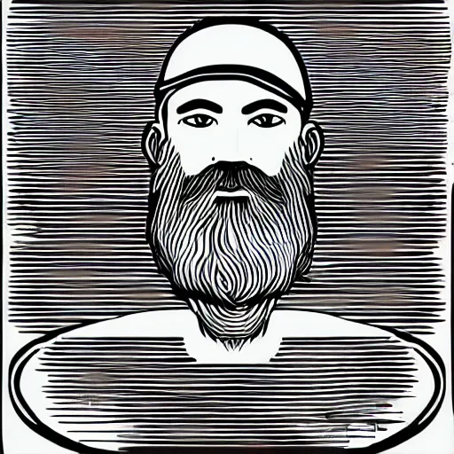 Prompt: bearded man turns bowl on woodlathe, vector art, simple, clean, black and white