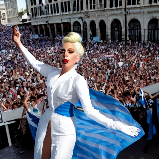 Image similar to Lady Gaga as Evita, Argentina presidential rally, Argentine flags behind, bokeh, epic photo, detailed face, Argentina