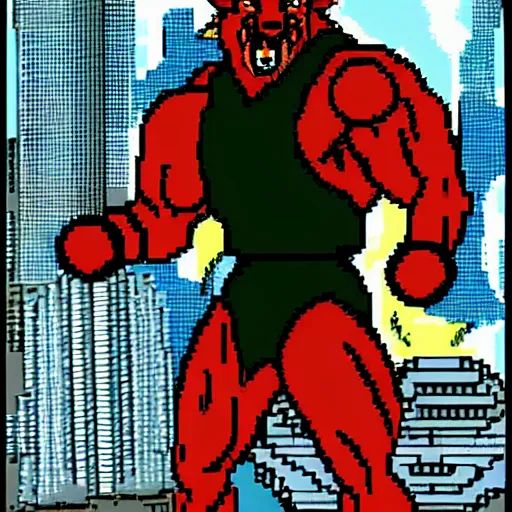 Prompt: full body portrait. 1 6 bit sega graphics. antropomorphic muscular masculine wolf, kickboxer fighter, in shorts, in front of destroyed city. wolf head. furr on body. at night. 1 9 8 9