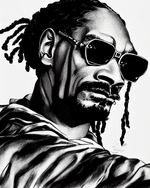 Image similar to portrait of snoop dogg, concept art, sumi - e style, intricate linework, artstation, trending, highly detailed, smooth, focus, art by yoji shinkawa,