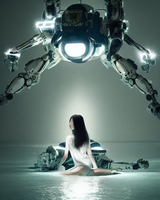 Prompt: beautiful centered photo of korean girl as a solarpunk mecha with white mechanical parts and implanted bright halogen lamps, treading above calm water by bill henson, ultra - realistic and detailed, white background, bokeh, soft focus, slow exposure hdr 8 k