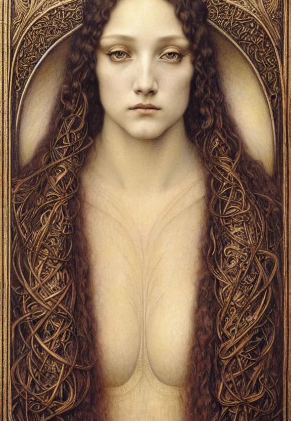 Image similar to detailed realistic beautiful young medieval queen face portrait by jean delville, gustave dore and marco mazzoni, art nouveau, symbolist, visionary, gothic, pre - raphaelite. horizontal symmetry