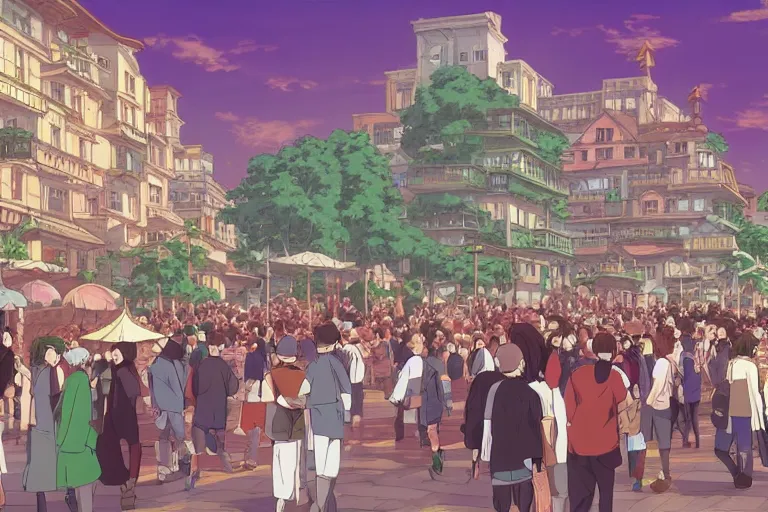 Image similar to cell shaded anime key visual of a renaissance city square, crowds of people, in the style of studio ghibli, moebius, makoto shinkai, dramatic lighting