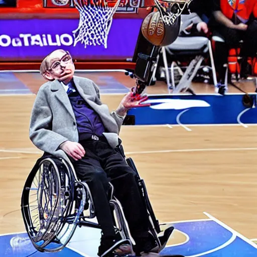 Image similar to photograph of stephen hawking in a wheelchair flying in the air dunking, highlights of the 2 0 1 9 nba slam dunking contest