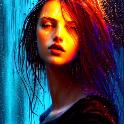 Image similar to bright asthetic portrait LSD glowing backlit rain on face and wet hair in strands, overhead lighting, fantasy, intricate, elegant, dramatic lighting, highly detailed, lifelike, photorealistic, digital painting, artstation, illustration, concept art, smooth, sharp focus, art by John Collier and Albert Aublet and Krenz Cushart and Artem Demura and Alphonse Mucha