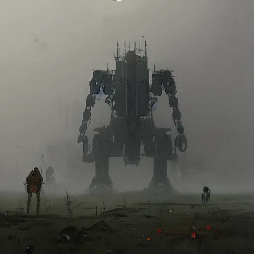 Prompt: gigantic industrial farmer mecha, dense fog, steampunk, jakub rozalski