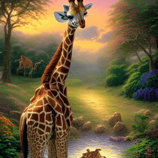 Prompt: a giraffe mediating by thomas kinkade