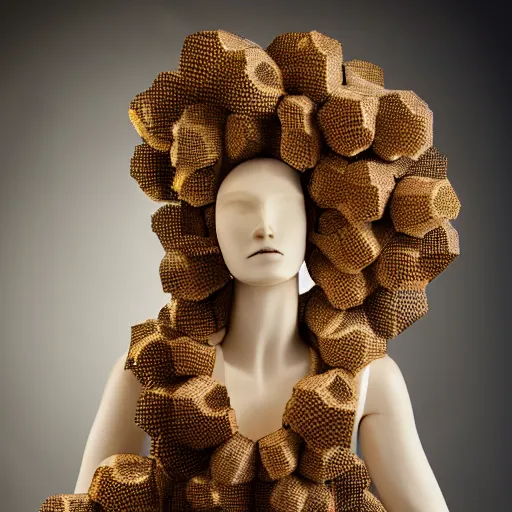 Image similar to a beautiful dress made of a real bee hive, on a mannequin. high resolution, studio lighting, closeup