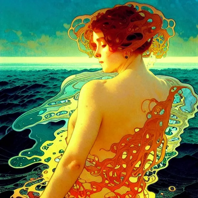 Prompt: mind bending ocean waves of glossy psychedelic liquid honey drops flowing like kaleidoscopic translucent amber, lsd waves, dmt ripples, crystal clear, backlit, sunset, refracted lighting, art by collier, albert aublet, krenz cushart, artem demura, alphonse mucha