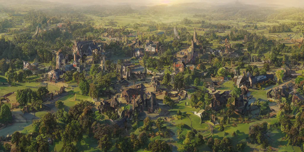 Prompt: a large victorian town next to a lush countryside landscape under a sunny blue sky, hyper detailed, digital art, trending in artstation, cinematic lighting, studio quality, smooth render, unreal engine,