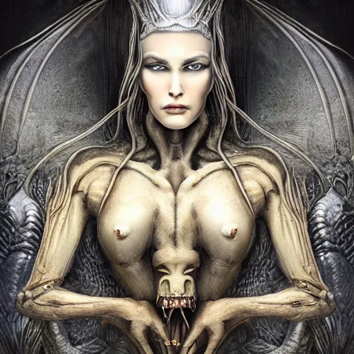 Prompt: Giger portrait of the dragon queen, Dragon in dragon lair, HD, full body dragon concept, flying dragon, Human body with dragon features, ray tracing, 4k realistic 3d rendered portrait, soft shading, soft colors, relaxed colors, hyperdetailed, wide angle lens, fantasy, futuristic horror, style of giger