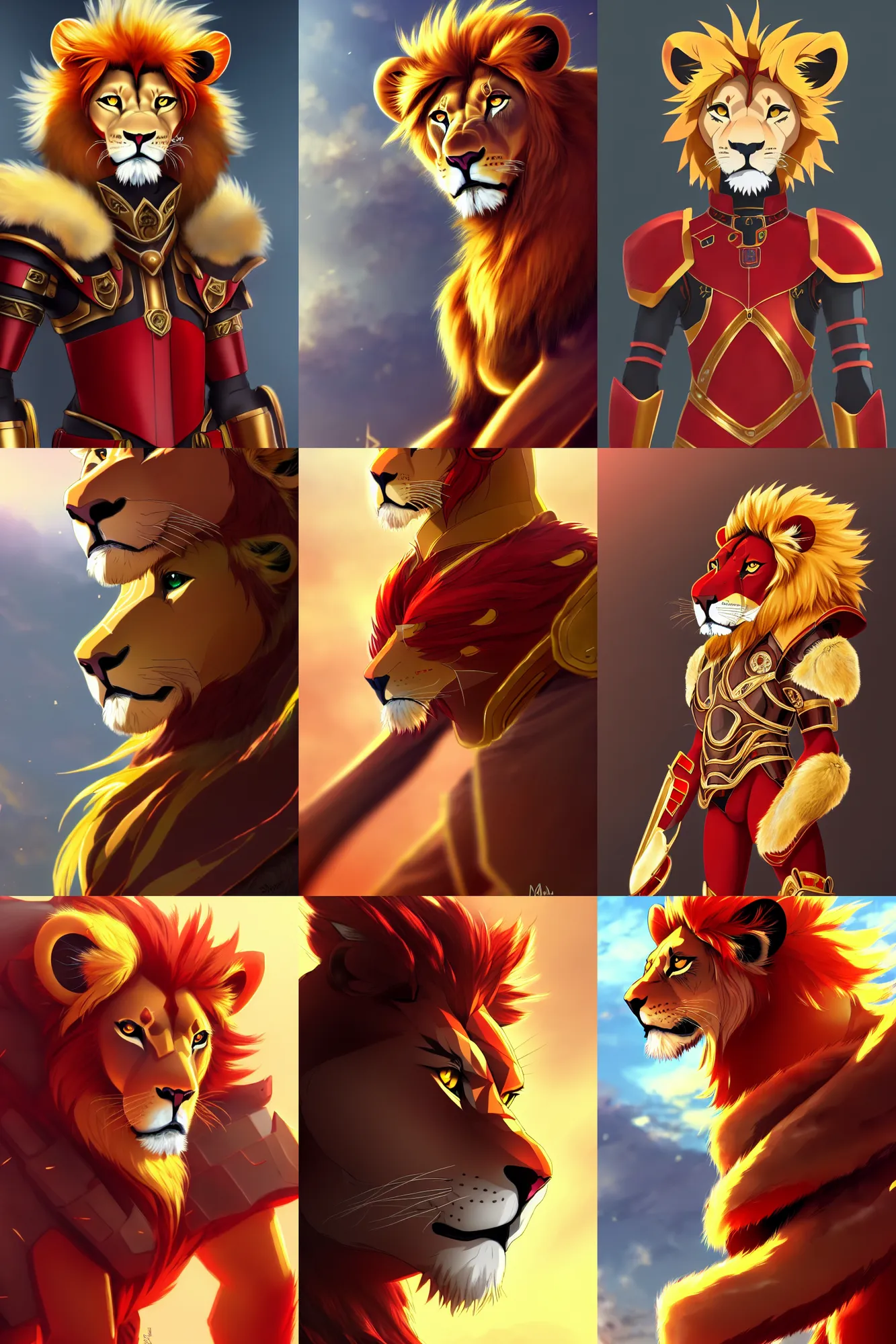 Prompt: lion with red and gold armor, fursona, anthro, young boy, anime key visual, detailed armor, detailed fur, makoto shinkai, portrait