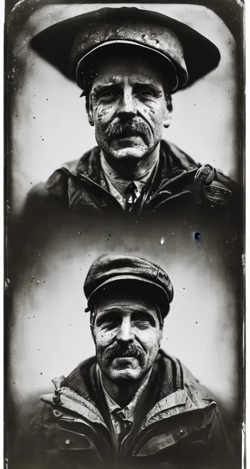 Prompt: a wet plate photograph, a portrait of a train engineer