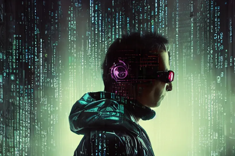 Prompt: cyberpunk hacker portrait in high tech compound by Emmanuel Lubezki