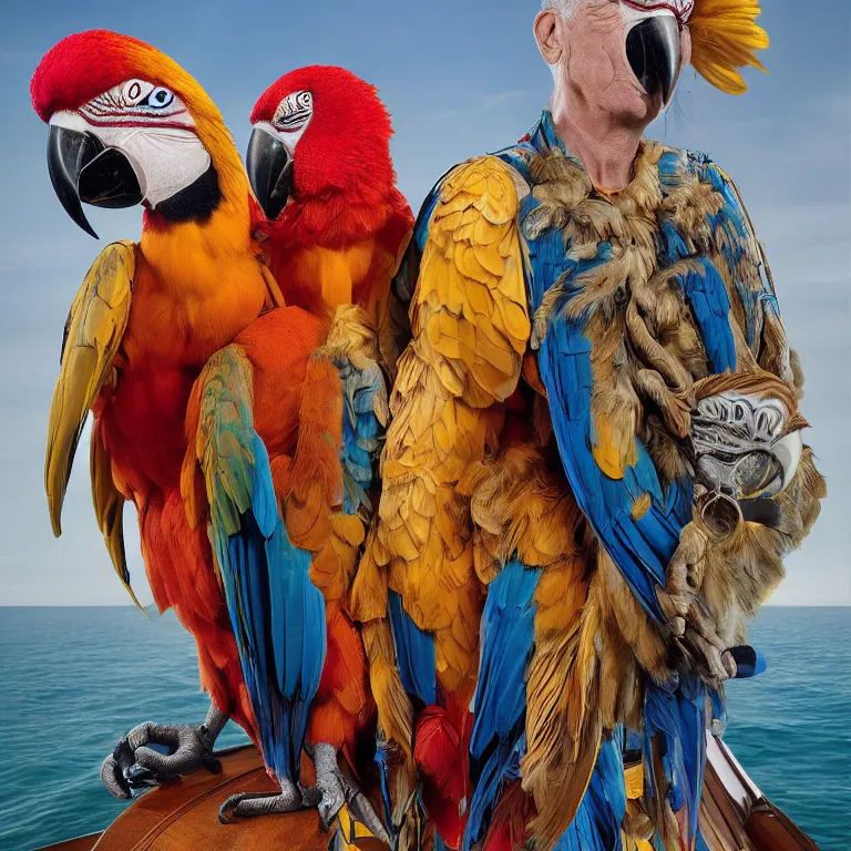 Image similar to high fashion photoshoot octane render portrait by wayne barlow and carlo crivelli and glenn fabry, a distinguished sea captain wearing a colorful uniform and holding a colorful macaw while standing on a beautiful high - end white and wood yacht, very short depth of field, bokeh