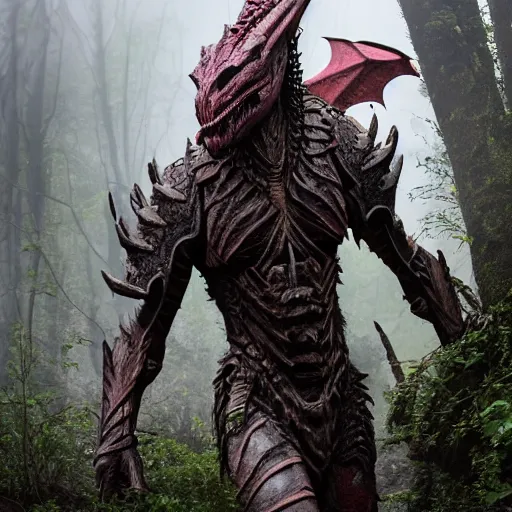 Prompt: High fantasy Yautja in dragon inspired armor in the forests plains of north yorkshire, Predator creature, alien hunter, 4k, Dragon skull biomask,