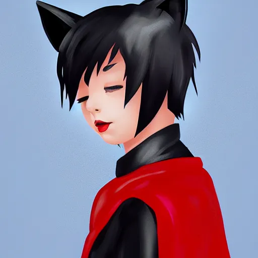 Image similar to little boy with cat ears in an black latex suit with red cape. digital artwork made by lois van baarle,