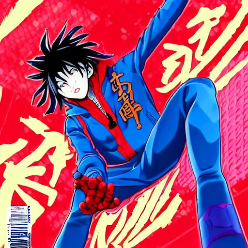 Prompt: Anime key visual of Cyberpunk ninja Spider-Man in a colorful blue and scarlet suit, wearing a scarlet hoodie, riding a skateboard in Berlin, official media drawn by Hirohiko Araki, anime magazine cover, manga cover, shonen jump cover, in the style of JOJO’s bizarre adventure, Hirohiko Araki artwork, takashi murakami artwork