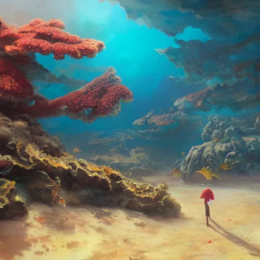 Image similar to beautiful coral reef photorealistic painting, wlop, concept art, octane render, deviantart, greg rutkowski, cinematic, artstation, key art, hyperrealism