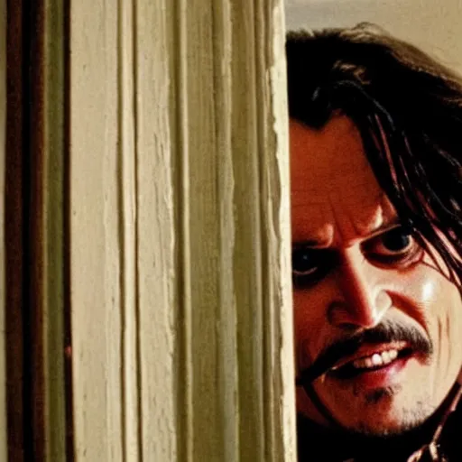 Image similar to Johnny Depp as Jack Torrance in Shining looking through the hole in the broken door