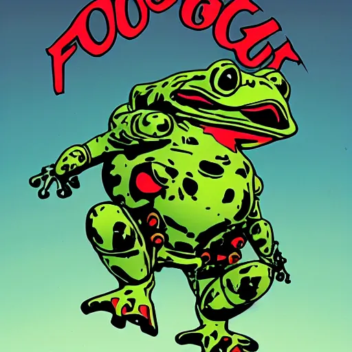 Prompt: Frog in wearing frog power armor flying with a jetpack artwork by Mike Mignola