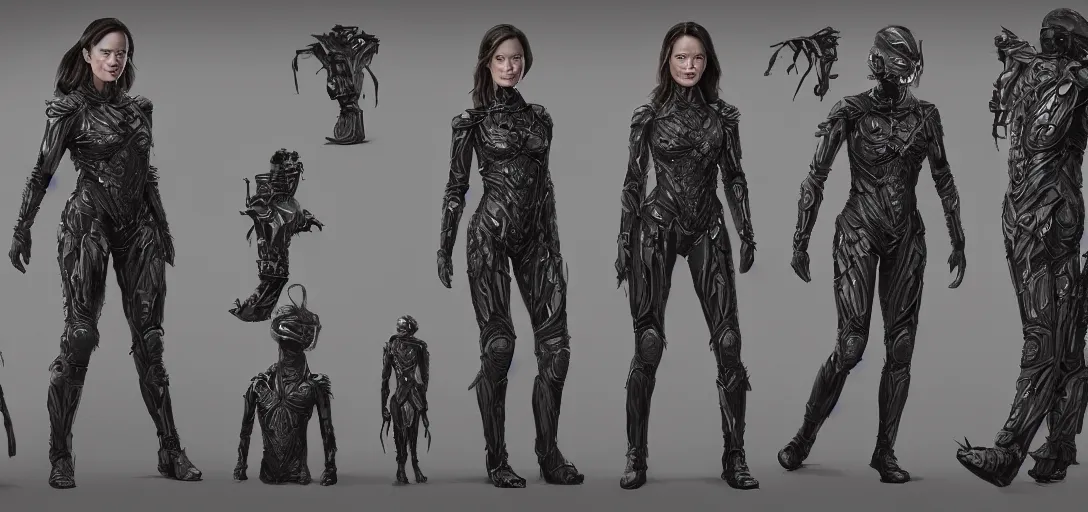 Image similar to character sheet concept art of summer glau as a superhero, ferrofluid armor, realistic, hyperrealistic, photographic, costume, wlop, dan mumford, greg rutkowski, high detail, octane render, alexander mcqueen, james gurney, photo, 8 k, intricate